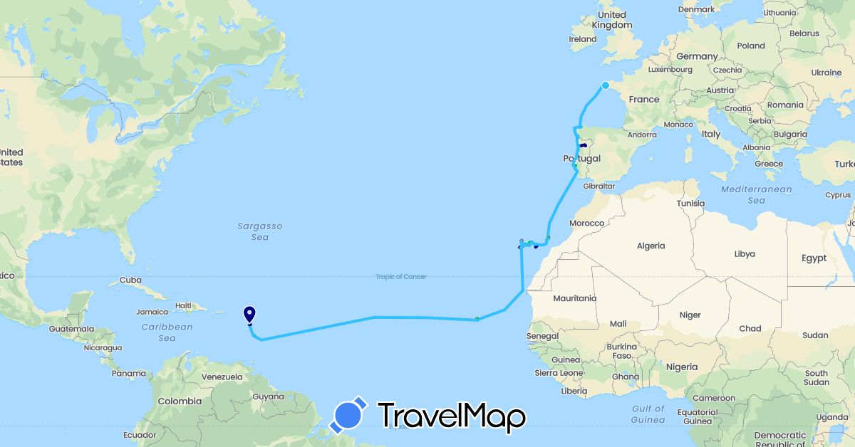 TravelMap itinerary: driving, bus, hiking, boat in Cape Verde, Dominica, Spain, France, Portugal (Africa, Europe, North America)